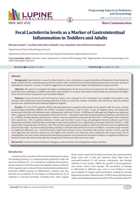 (PDF) Fecal Lactoferrin Levels as a Marker of Gastrointestinal Inflammation in Toddlers and Adults