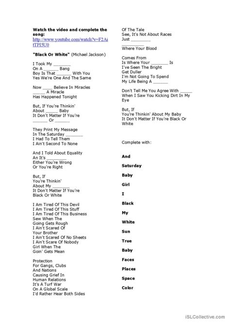 Black Or White By Michael Jackson English Esl Worksheets Pdf And Doc