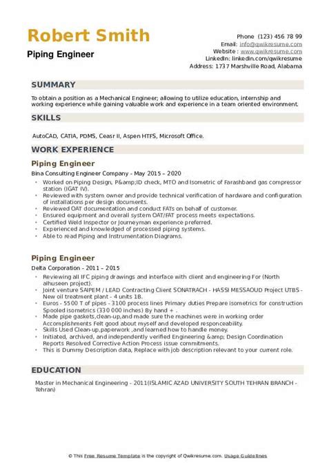 Piping Engineer Resume Samples Qwikresume