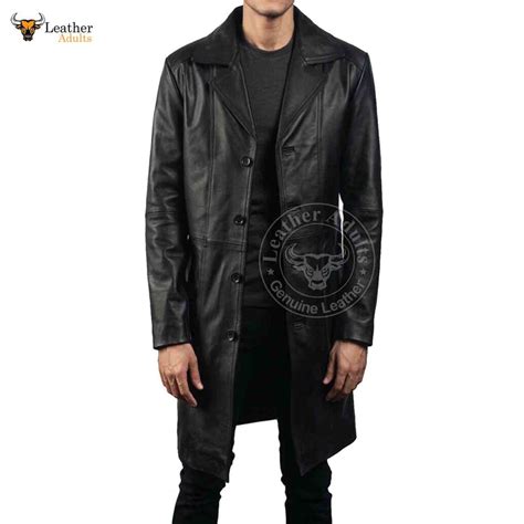 Mens Black Real Cowhide Leather Trench Steampunk Gothic Matrix Winter Leather Adults