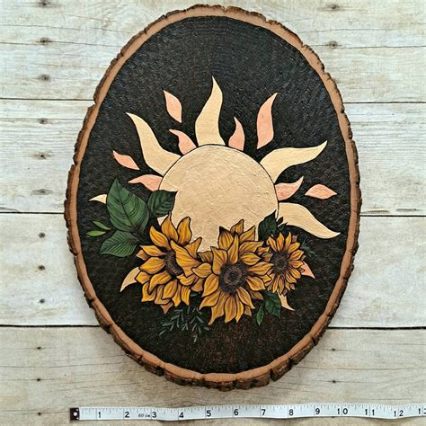 Hand Burned Wood Burned Pyrography Sun And Sunflower Wall Hanging With