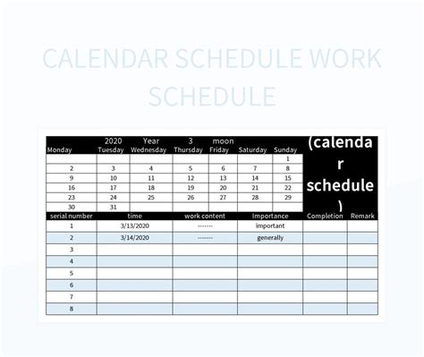 Calendar Schedule Work Schedule Excel Template And Google Sheets File ...