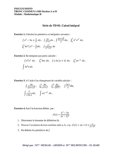 1 exercices sur les intégrales Dette S2 FSECG UMMTO TRONC COMMUN LMD