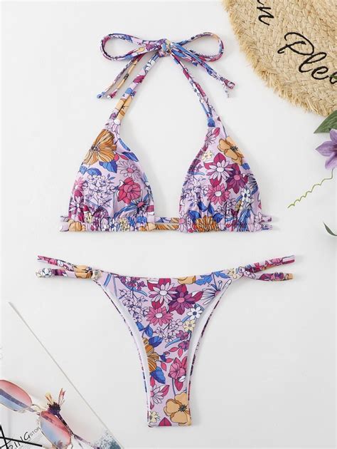 Random Floral Print Double Strap Thong Bikini Swimsuit SHEIN USA