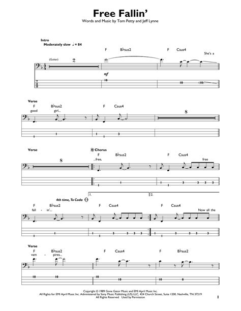 Free Fallin By Tom Petty Sheet Music For Easy Bass Tab At Sheet Music