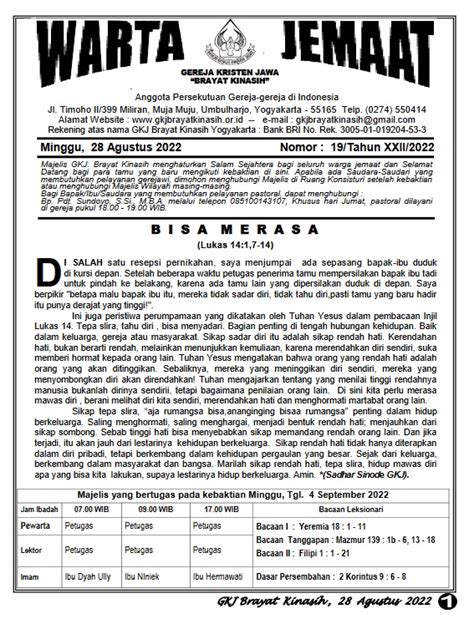 Warta Jemaat 28 Agustus 2022 Gereja Kristen Jawa Brayat Kinasih