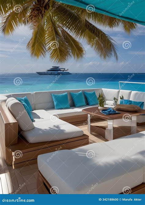 Modern Yacht Anchored by a Tropical Beach Oasi Stock Illustration