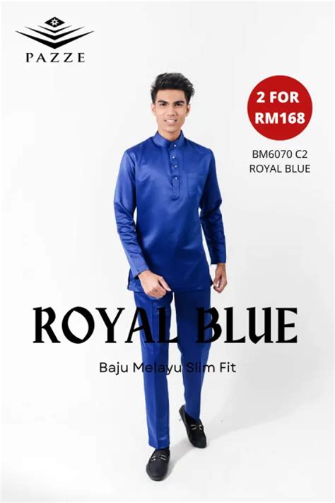 BM6070 Pazze Baju Melayu Satin Slim Fit Royal Blue Lazada