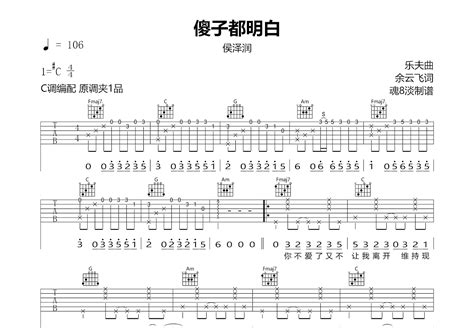 傻子都明白吉他谱 侯泽润 C调弹唱86 专辑版 吉他世界