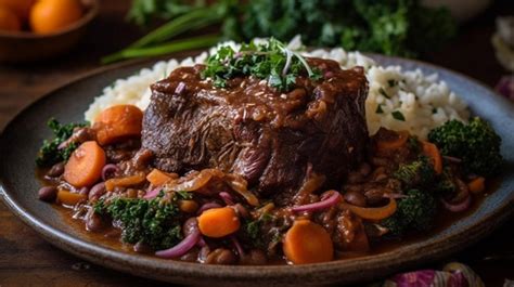 Un Plato De Estofado De Ternera Con Arroz Y Verduras Foto Premium