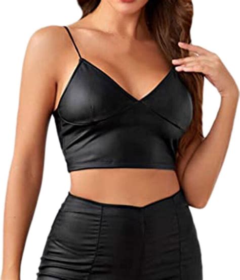 Modsgue Women S Leather Latex Crop Top Harness Tank Bralette Push Up