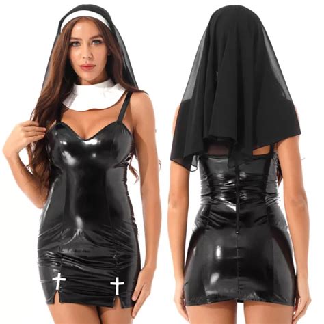 Womens Wet Look Patent Leather Sexy Lingerie Set Nun Cosplay Costume