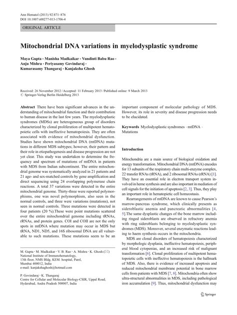 Pdf Mitochondrial Dna Variations In Myelodysplastic Syndrome