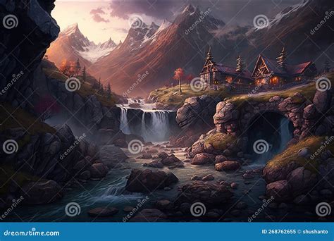 Fantasy Dwarven Village In The Mountains Next To A Ravine With A