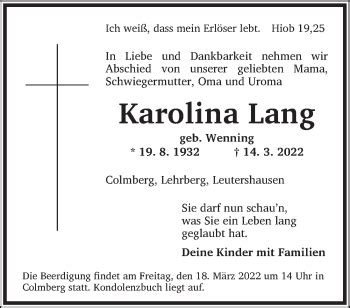 Traueranzeigen Von Karolina Lang Trauer Flz De