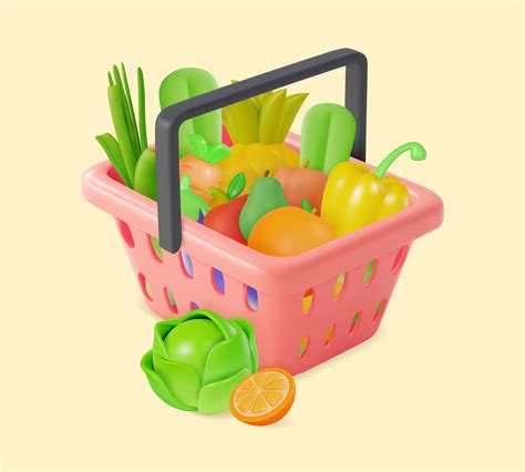 D Shopping Basket With Different Fresh Vegetables And Fruits Cartoon