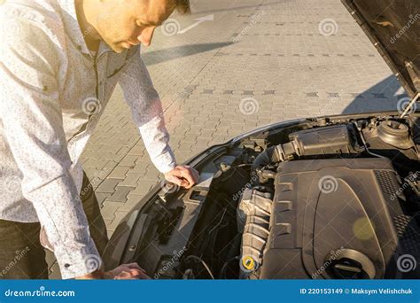 Car Problem. Driver Man Near Open Hood Auto after Accident Triangle on Road Stock Image - Image ...