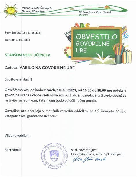 Vabilo na govorilne ure oktober 2023 Osnovna šola Šmarjeta