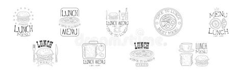 Lunch Menu Hand Drawn Monochrome Sign Design Vector Set Stock ...