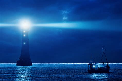 Free picture: Lighthouse light in darkness at night on ocean island