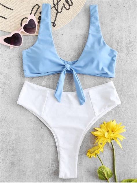 Zaful Two Tone Tied Bikini Set Crystal Blue L Tie Bikini Set