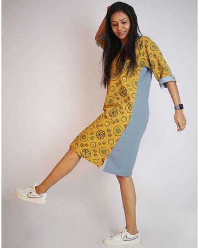 Yellow Ajrakh Denim Twin Dress By Threeness The Secret Label