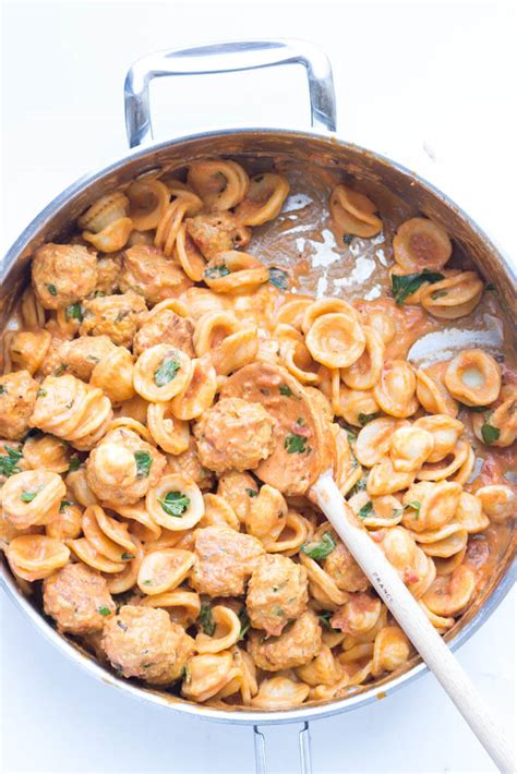 Orecchiette With Baked Mini Chicken Meatballs In Tomato Cream Sauce