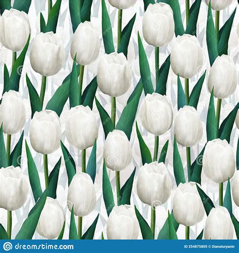 Hand Drawn Watercolor Seamless Pattern Of White Tulips Blooming