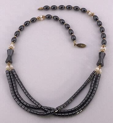 Vintage Hematite Multi Strand Fresh Water Rice Pearl Beaded 24