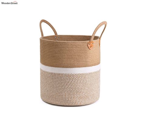 Buy Hand Crafted Jute And Cotton Laundry Basket White Online In India