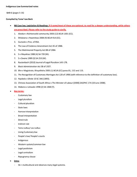 Indigenous Law Summarized Notes Unit 1 IDL41BO UJ Studocu