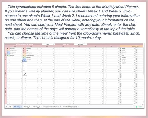 Excel Meal Planner, Grocery List, Simple Meal Planner, Meal Planner Template, Monthly, Weekly ...