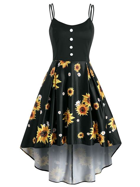 Mock Button Sunflower Print High Low Dress Clothes For Women Cute