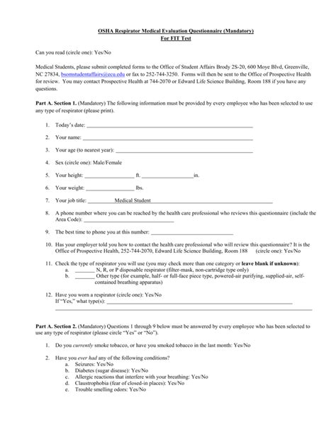 OSHA Respirator Medical Evaluation Questionnaire Mandatory For