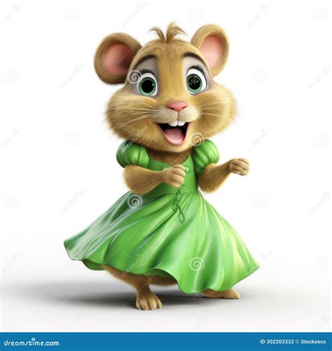 Charming Cartoon Mouse In Green Dress A Ray Tracing Masterpiece Stock Illustration