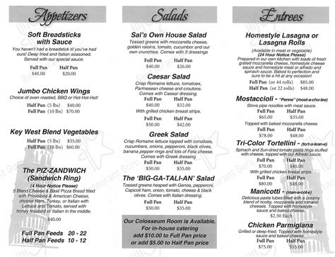 Menu At Sals Italian Restaurant Tecumseh