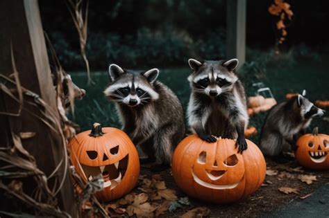 Premium Ai Image Three Raccoons Sitting On Top Of Pumpkins Generative