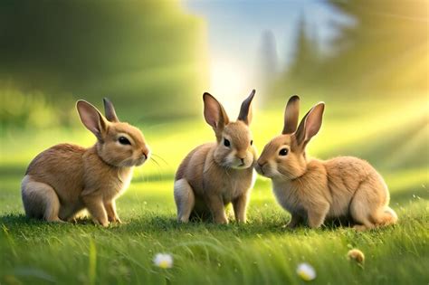 Premium Photo Three Rabbits In A Field With A Green Background