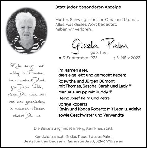 Traueranzeigen Von Gisela Palm Aachen Gedenkt