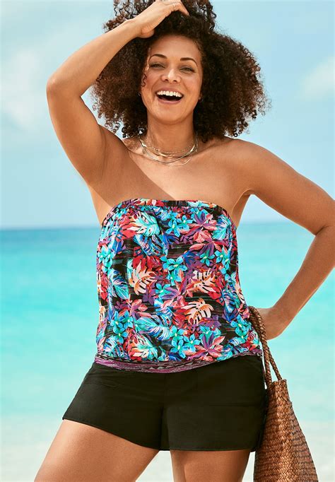 Bandeau Blouson Tankini Set Wtih Cargo Short Swimsuits For All