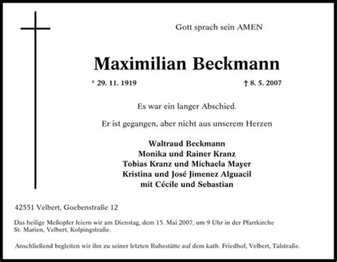 Traueranzeigen Von Maximilian Beckmann Trauer In Nrw De