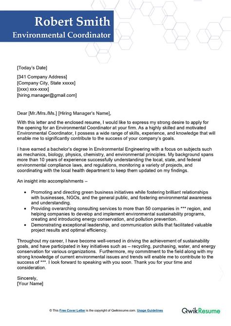 Environmental Specialist Cover Letter Examples Qwikresume