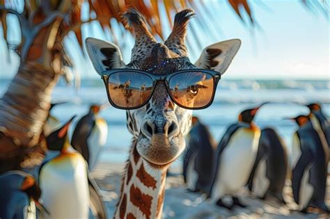 Premium Photo Giraffe Wearing Sunglasses Near A Coconut Palm Tree On