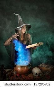 Halloween Witch Cooking Potion Copper Cauldron Stock Photo