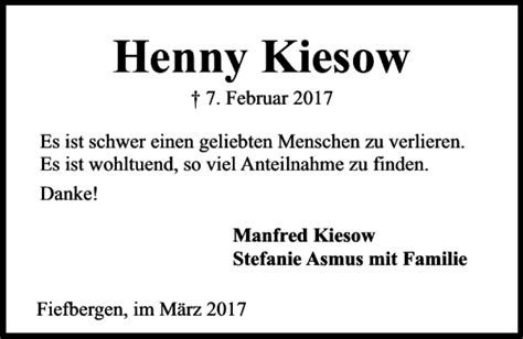 Traueranzeigen Von Henny Kiesow Trauer Anzeigen De