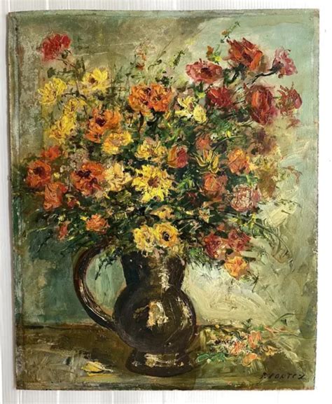 TABLEAU ANCIEN HUILE Nature Morte Bouquet Fleurs Vase XX Signé EUR 30