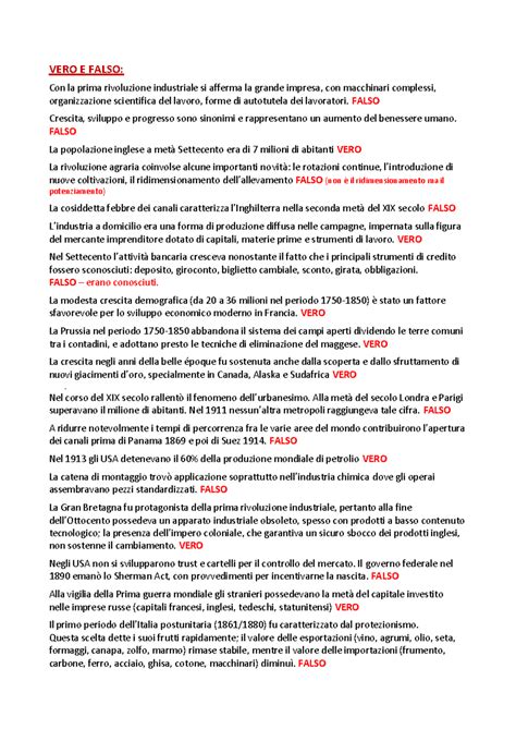 Domande esame storia economica - VERO E FALSO: Con la prima rivoluzione