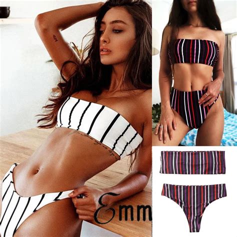 Women High Waist Strapless Two Piece Bikini Set Stripes Swimwear Beach