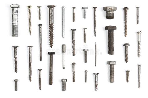 Set Of Different Bolts Nails And Screws Isolated On White Background