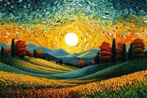 Colorful Autumn Landscape With Hills Trees And Sun Illustration A